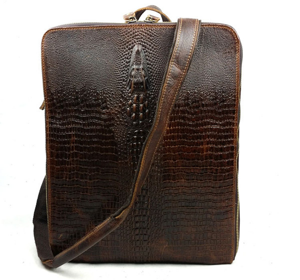 Genuine Leather Men Multifunctional Crocodile Pattern Travel Backpack